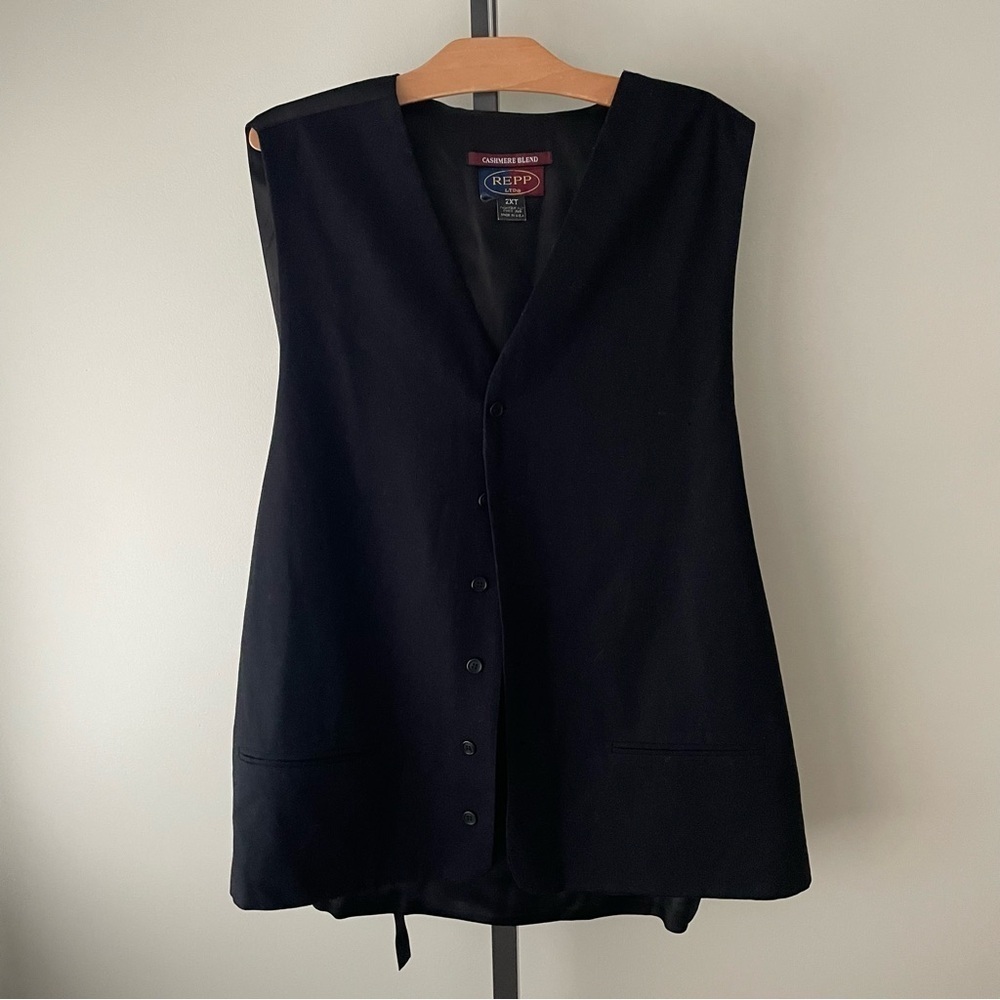 Vintage Wool Cashmere Button Down Long Longline Vest Black Plus Size Mens 2XT